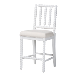 bali & pari Deya Bobbin Counter Stool - Sculptural Wood Kitchen Seating with Upholstered Seat and Spindle Back, White